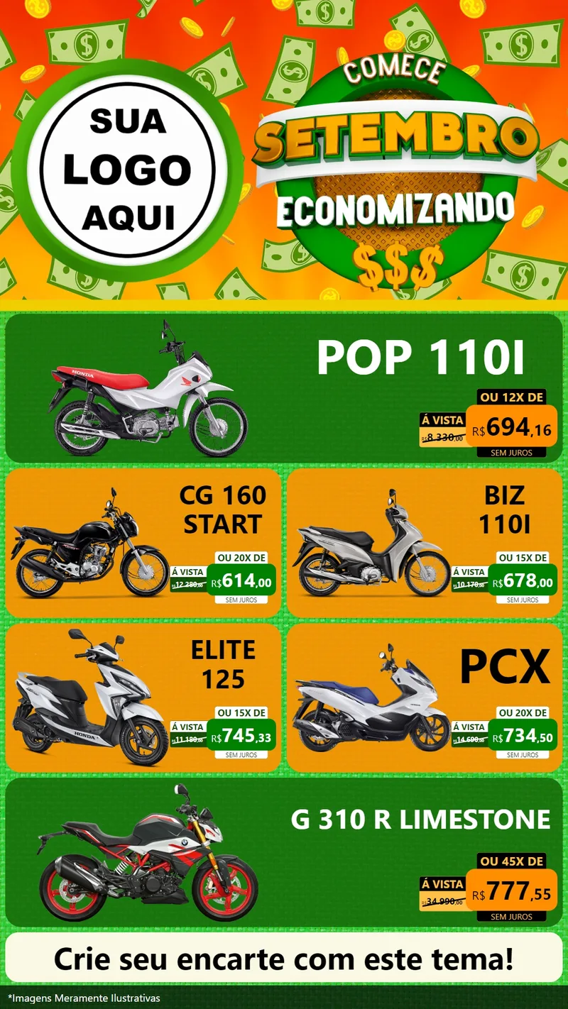 Modelo de TV para TV Vertical com o tema Comece Setembro Economizando para Concessionaria de Motos