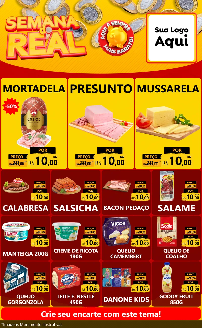 Modelo de Encarte para Encarte Grande com o tema Semana do Real para Frios e Laticínios
