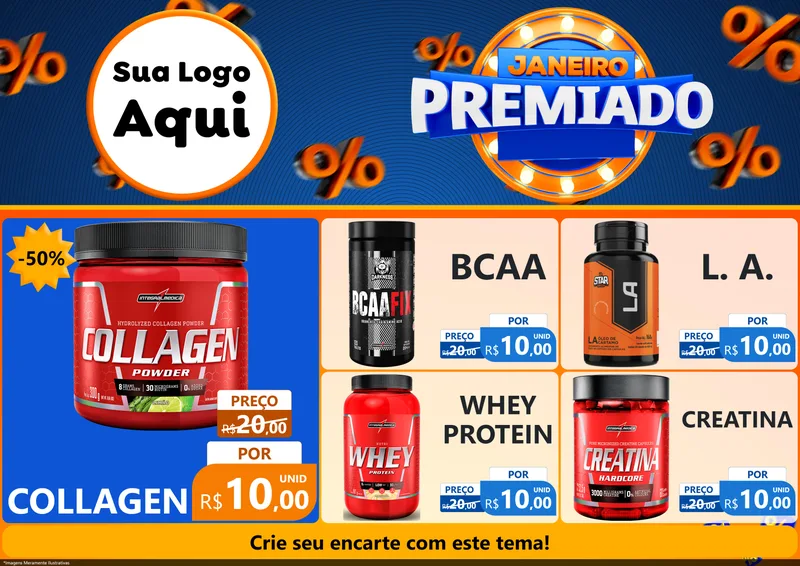 Modelo de Encarte para Encarte A4 Horizontal com o tema Janeiro Premiado para Suplementos alimentares