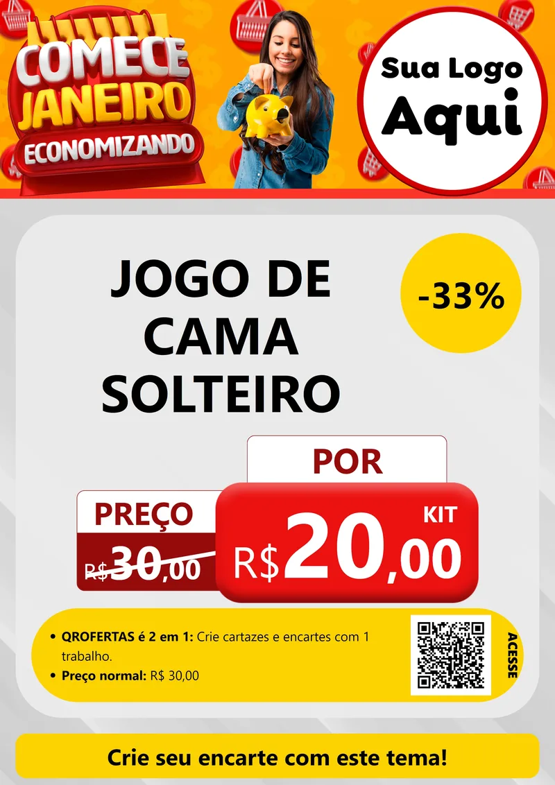 Modelo de Cartaz para Cartaz A4 Vertical com o tema Comece Janeiro Economizando para Cama, Mesa e Banho
