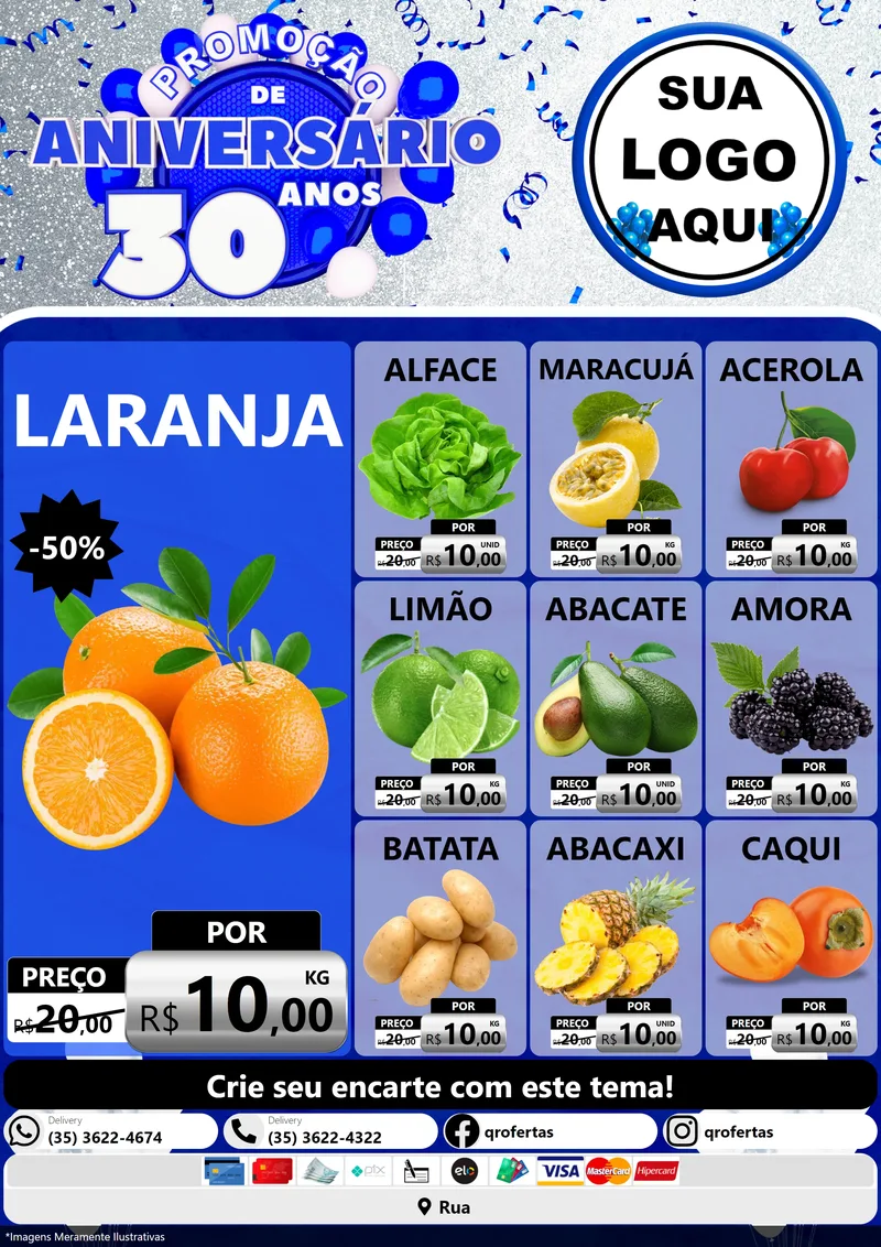 Modelo de Encarte para Encarte A4 Vertical com o tema Promoção de Aniversário - 30 Anos para Hortifrúti