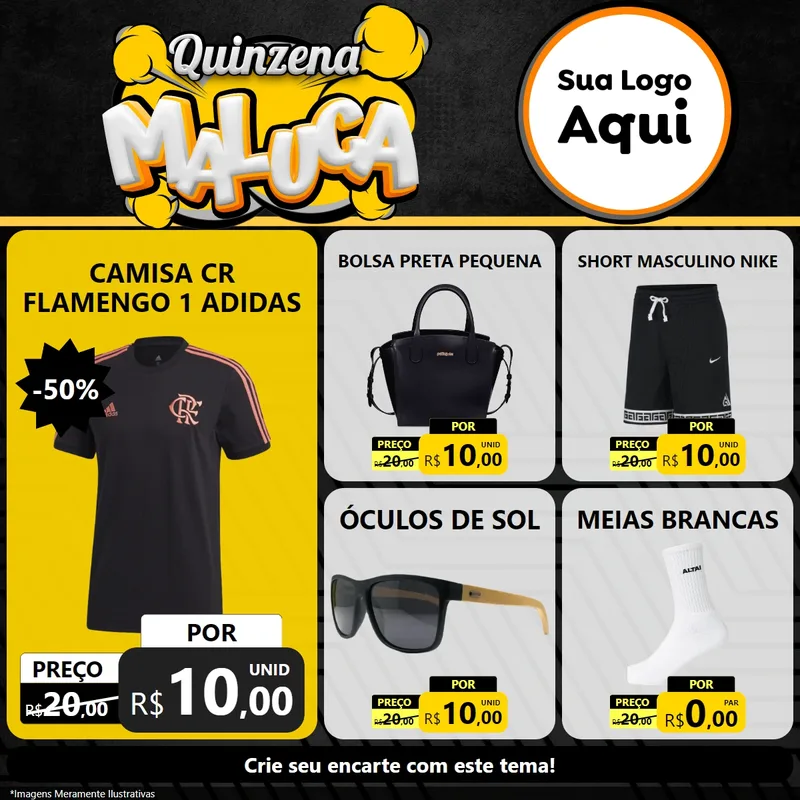 Modelo de Rede Social para Feed Facebook com o tema Quinzena Maluca para Roupas e acessórios