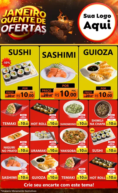 Modelo de Encarte para Encarte Grande com o tema Janeiro Quente de Ofertas para Comida japonesa