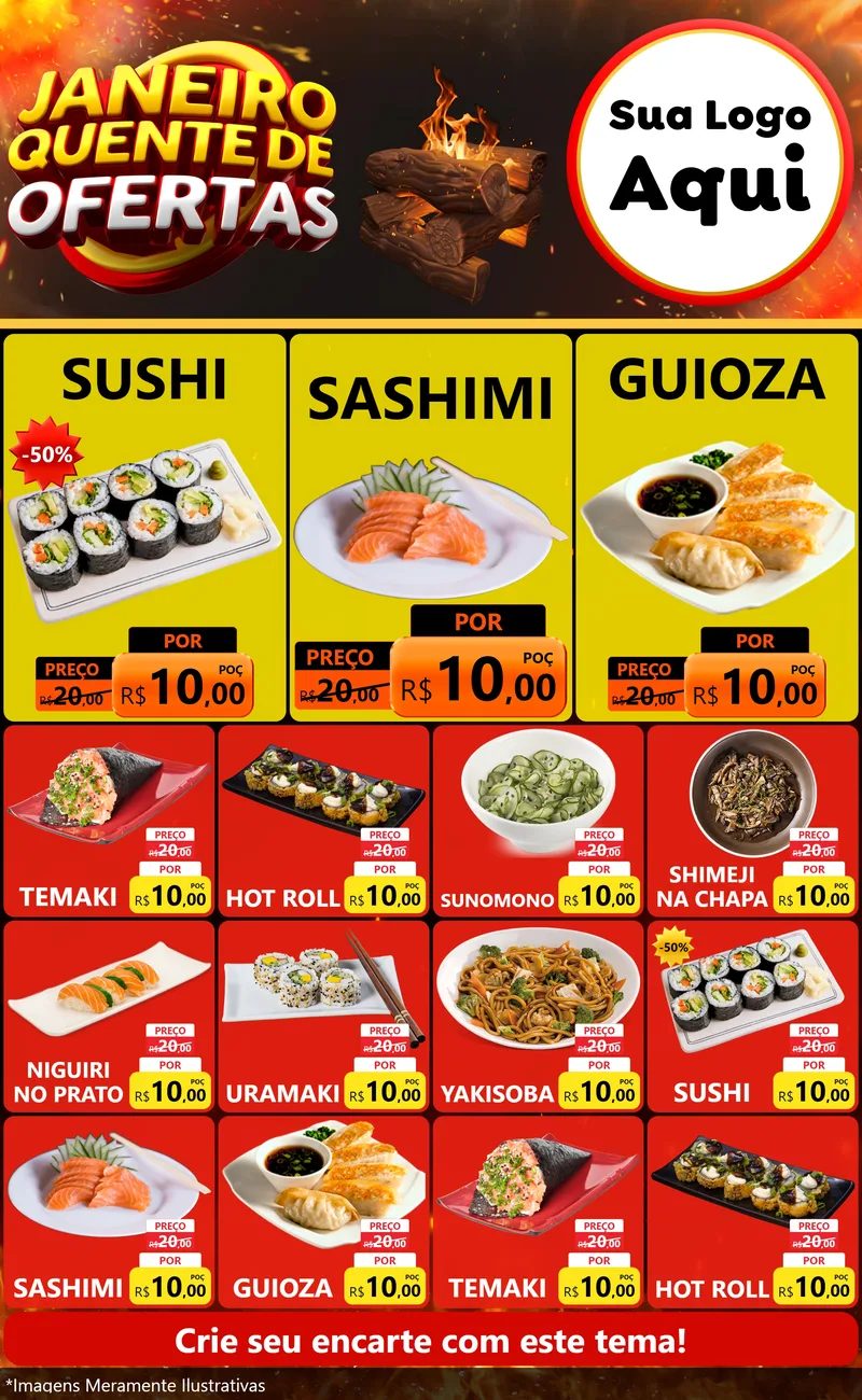 Modelo de Encarte para Encarte Grande com o tema Janeiro Quente de Ofertas para Comida japonesa