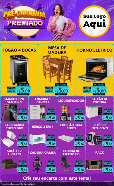 Modelo de Encarte para Encarte Grande com o tema Pré-Carnaval Premiado para Móveis e Eletro