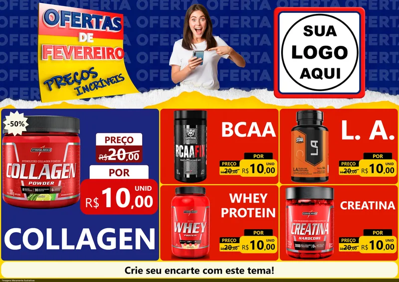 Modelo de Encarte para Encarte A4 Horizontal com o tema Ofertas de Fevereiro - Preços Incríveis para Suplementos alimentares