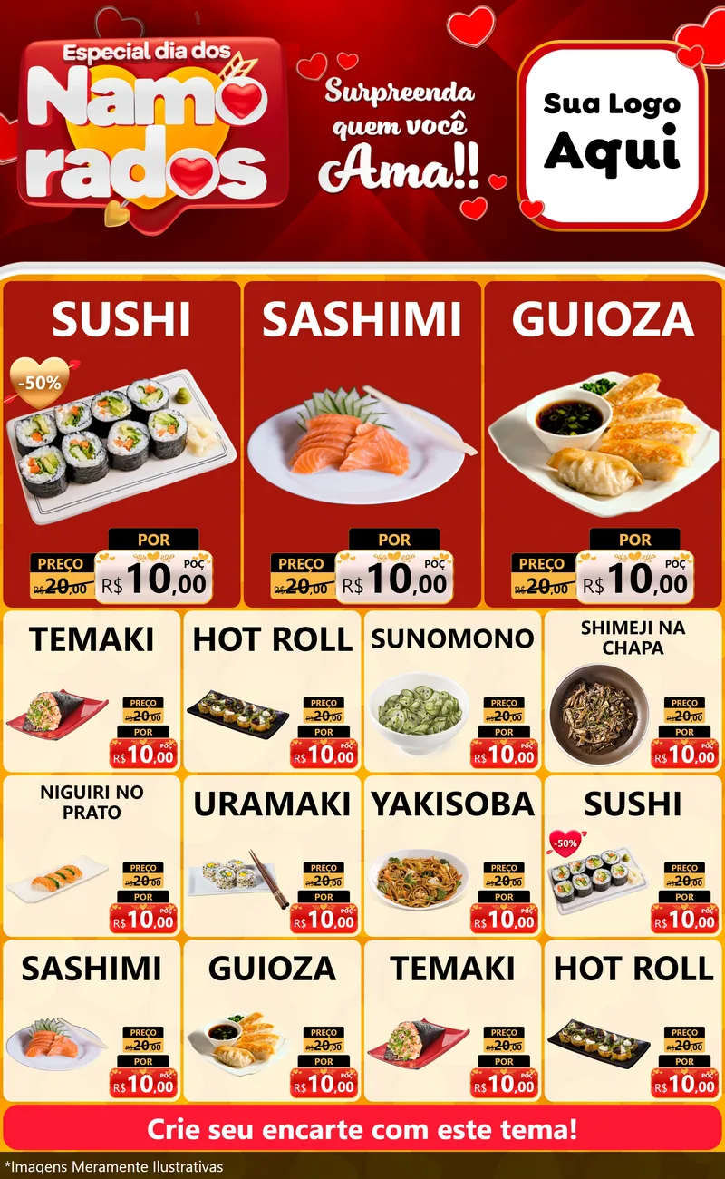 Modelo de Encarte para Encarte Grande com o tema Especial Dia dos Namorados para Comida japonesa