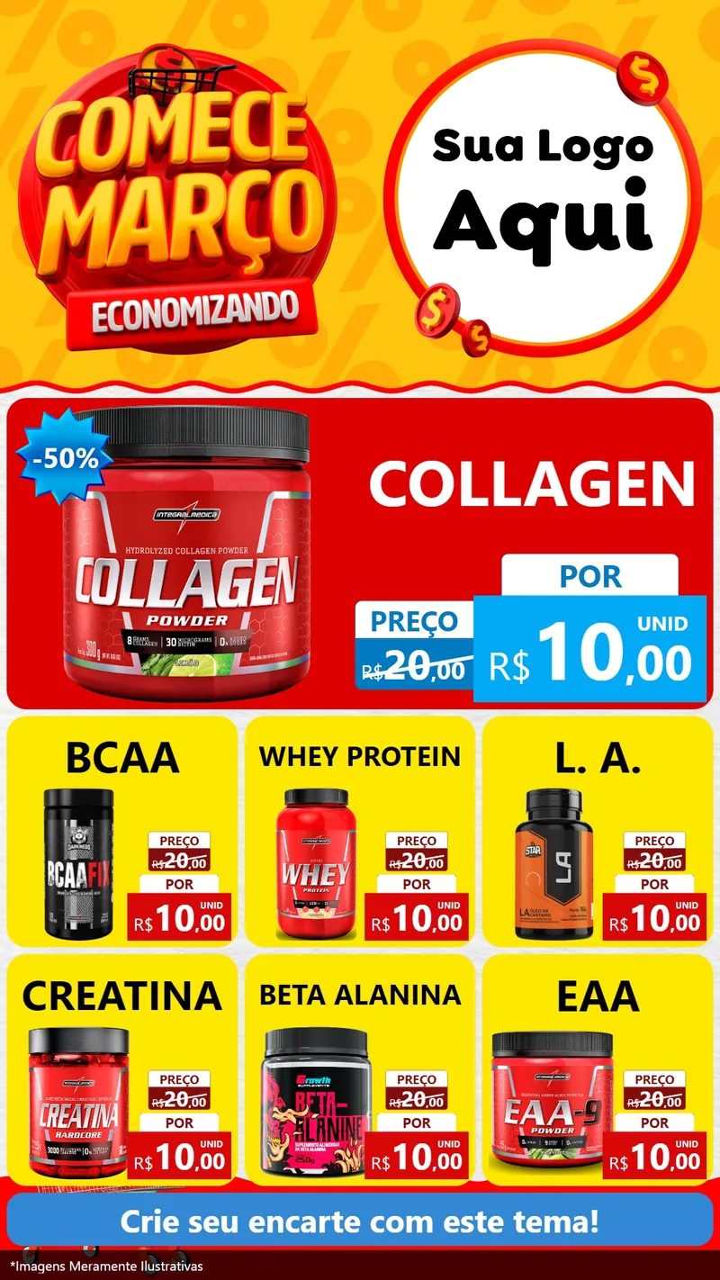 Modelo de Rede Social para Stories com o tema Comece Março Economizando para Suplementos alimentares