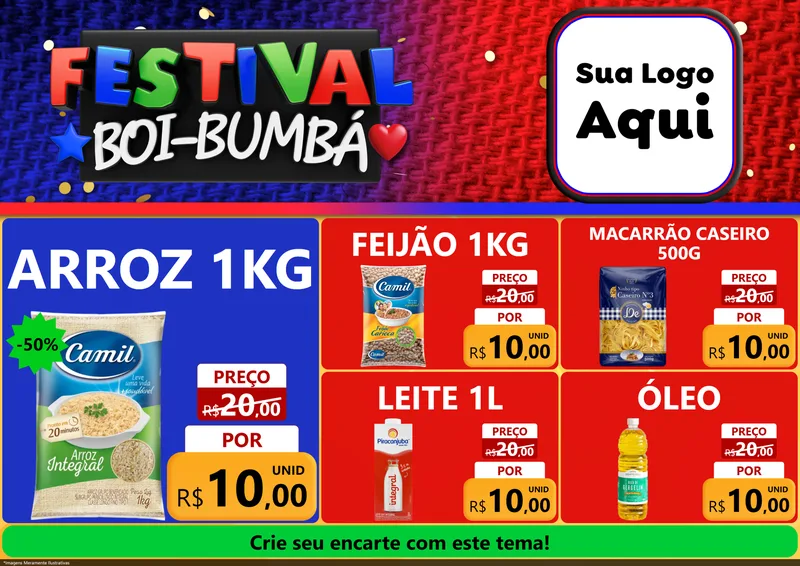 Modelo de Encarte para Encarte A4 Horizontal com o tema Festival Boi-Bumbá para Supermercado