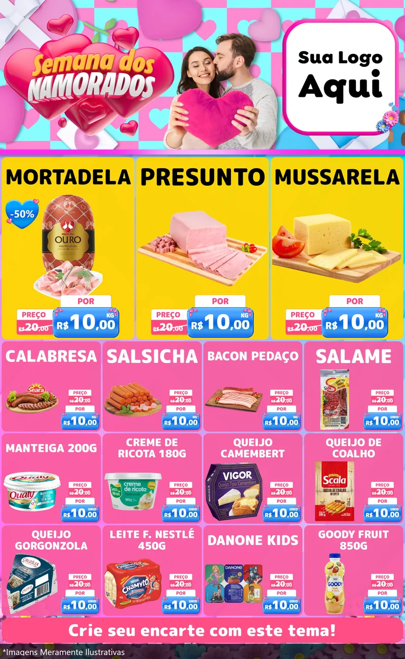Modelo de Encarte para Encarte Grande com o tema Semana dos Namorados para Frios e Laticínios