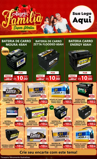 Modelo de Encarte para Encarte Grande com o tema Alegria em Família Super Ofertas - Natal para Baterias Elétricas