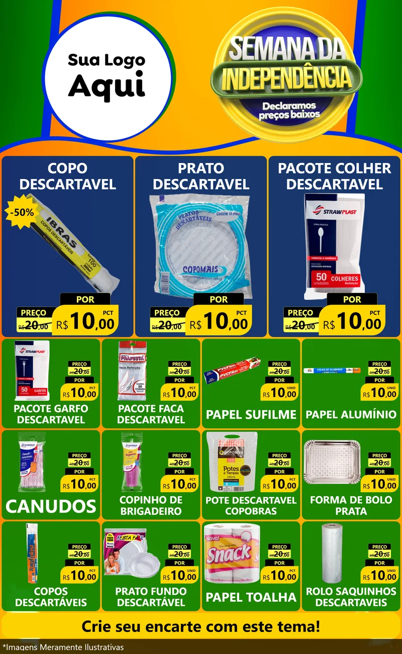 Modelo de Encarte para Encarte Grande com o tema Semana da Independência Declaramos Preços Baixos para Embalagens