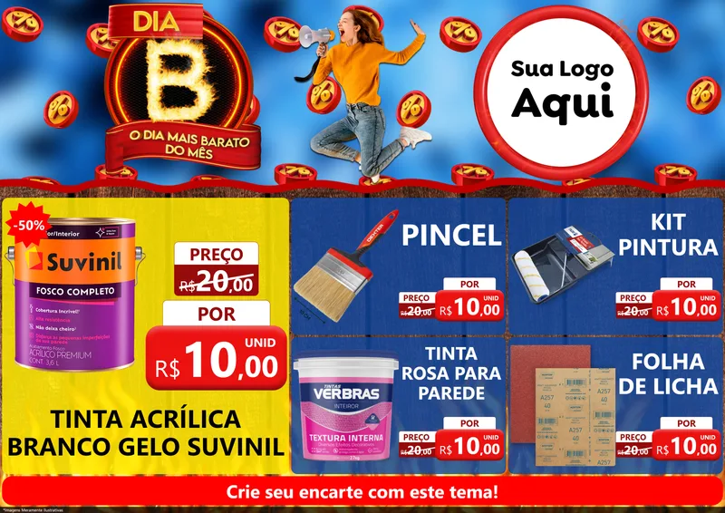Modelo de Encarte para Encarte A4 Horizontal com o tema Dia B - O Dia Mais Barato Do Mês para Tintas e Ferramentas