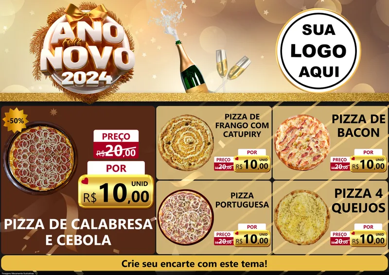 Modelo de Encarte para Encarte A4 Horizontal com o tema Feliz Ano Novo 2027 para Pizzaria