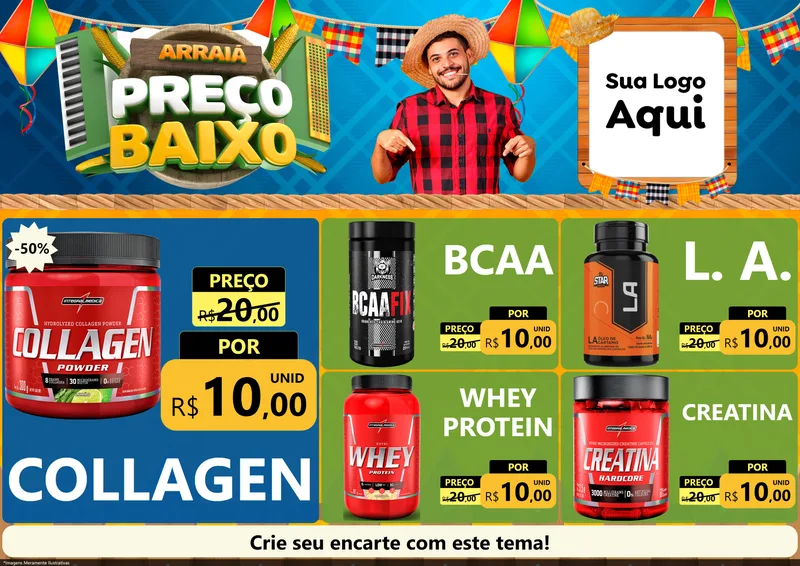 Modelo de Encarte para Encarte A4 Horizontal com o tema Arraiá de Preço Baixo - Junina para Suplementos alimentares