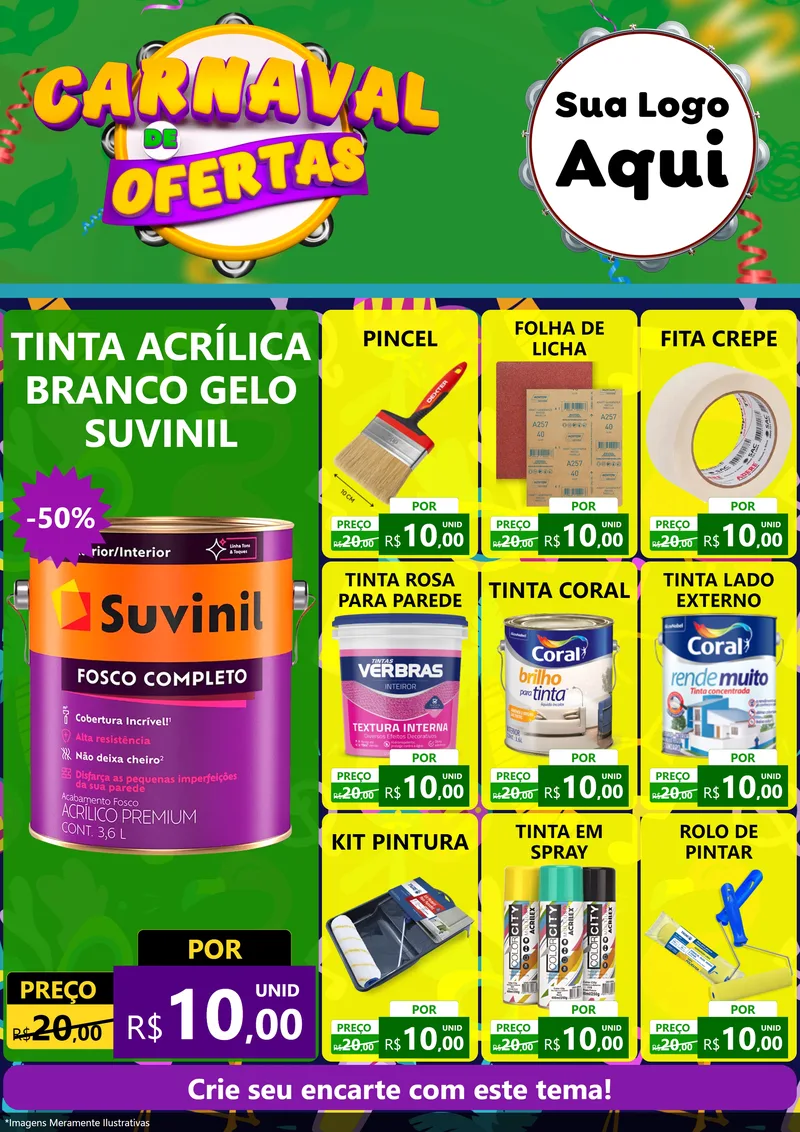 Modelo de Encarte para Encarte A4 Vertical com o tema Carnaval de Ofertas para Tintas e Ferramentas