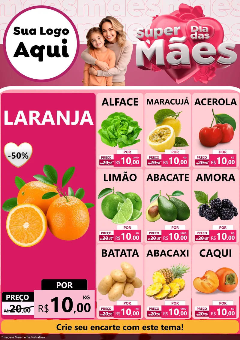 Modelo de Encarte para Encarte A4 Vertical com o tema Super Dia Das Mães para Hortifrúti