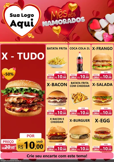 Modelo de Encarte para Encarte A4 Vertical com o tema Mês dos Namorados para Hamburgueria