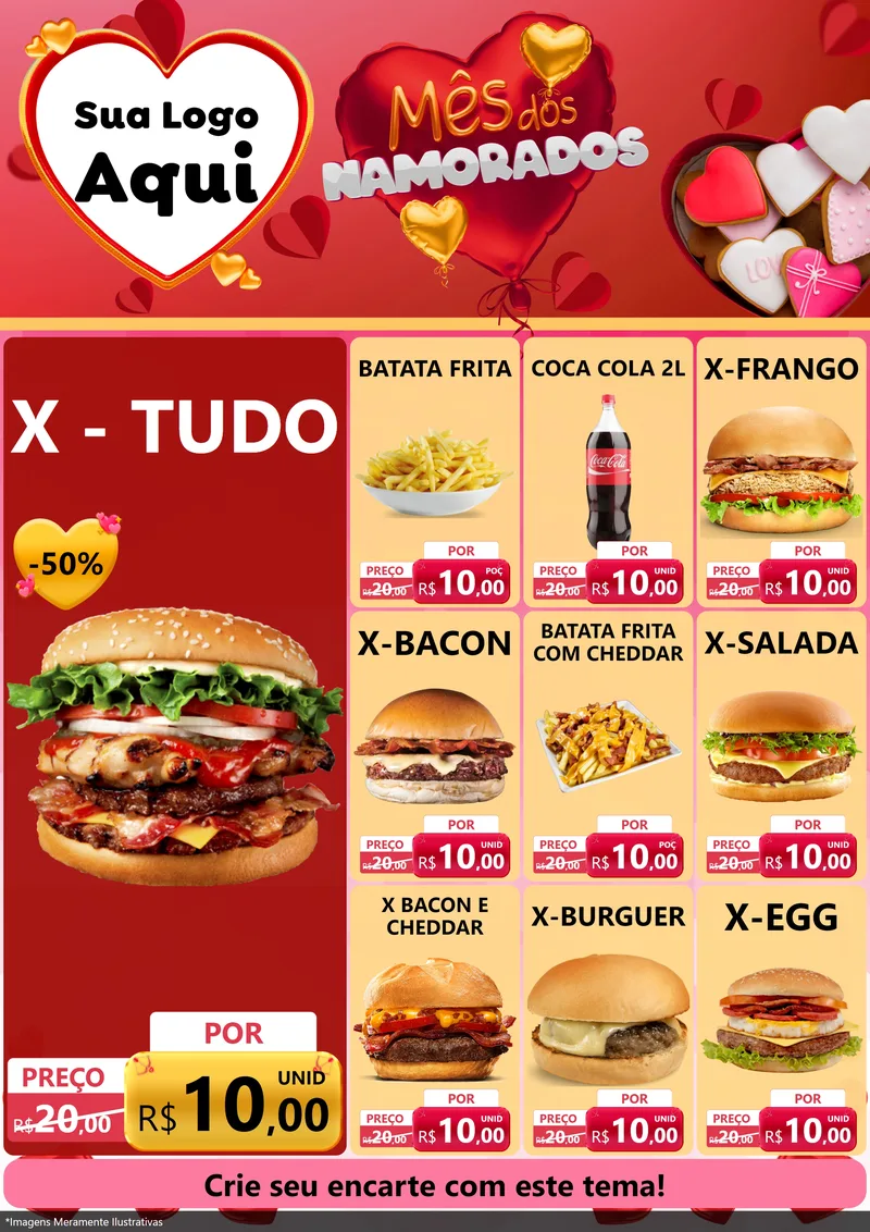 Modelo de Encarte para Encarte A4 Vertical com o tema Mês dos Namorados para Hamburgueria