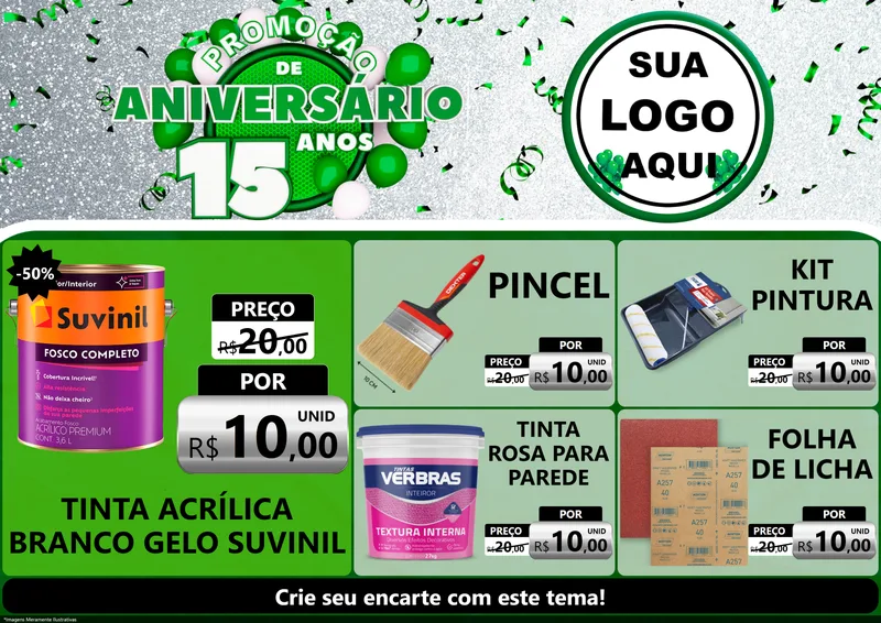 Modelo de Encarte para Encarte A4 Horizontal com o tema Promoção de Aniversário - 15 Anos para Tintas e Ferramentas