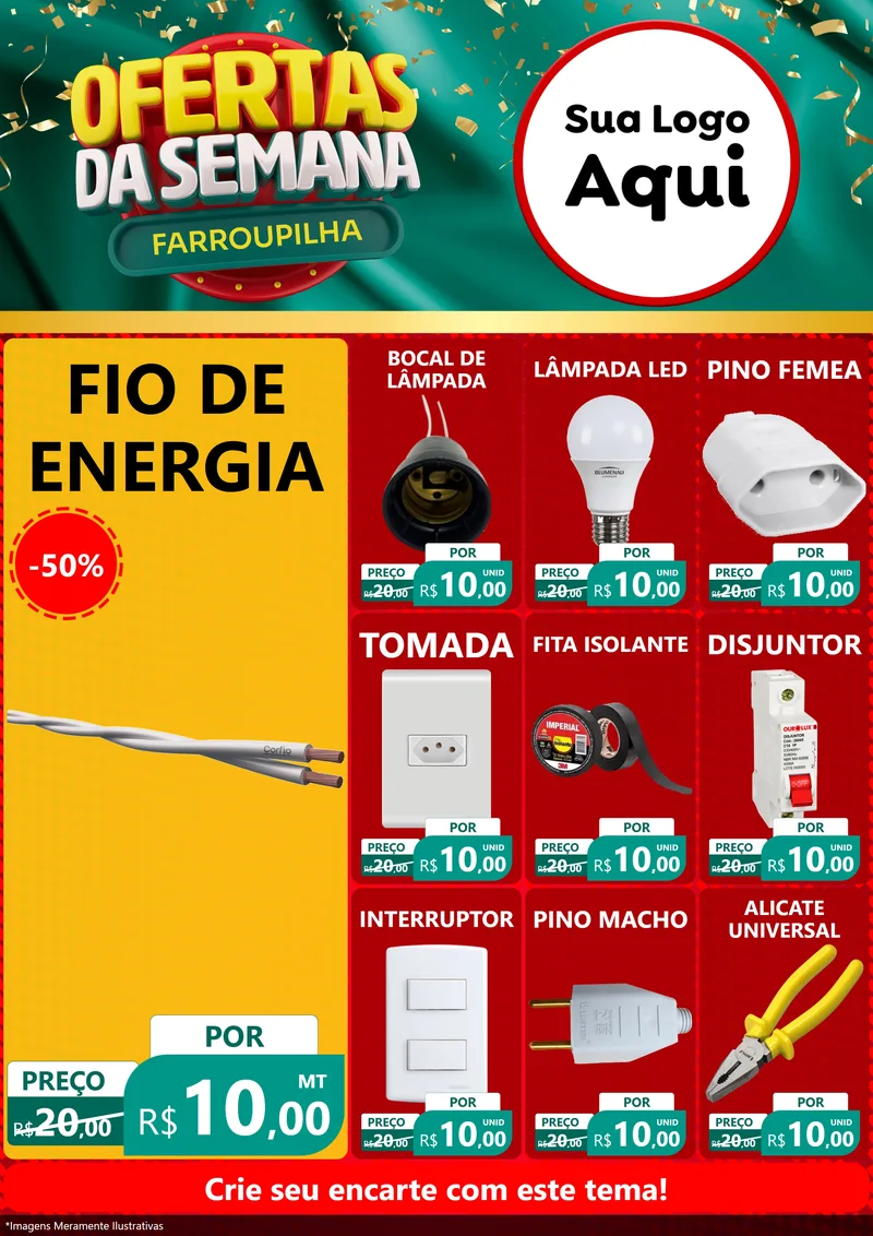 Modelo de Encarte para Encarte A4 Vertical com o tema Ofertas da Semana Farroupilha para Materiais Elétricos