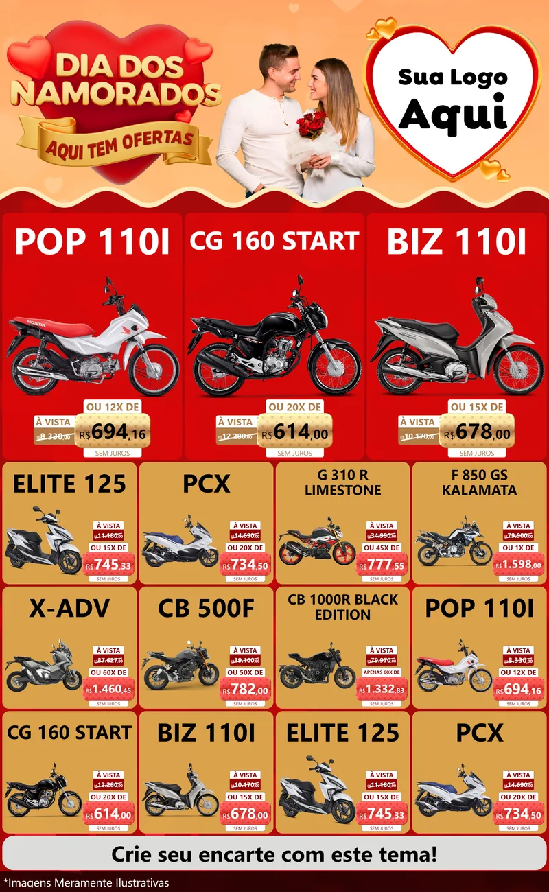 Modelo de Encarte para Encarte Grande com o tema Dia dos Namorados - Aqui Tem Ofertas para Concessionaria de Motos