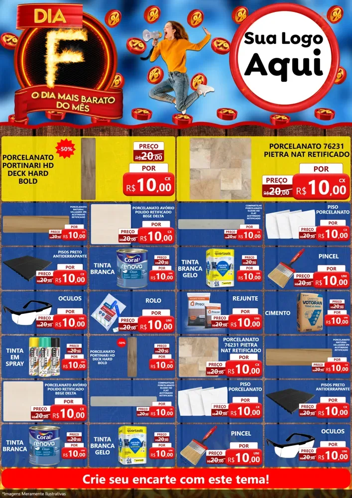 Modelo de Encarte para Encarte A4 Vertical com o tema Dia F - O Dia Mais Barato Do Mês para Pisos e revestimentos