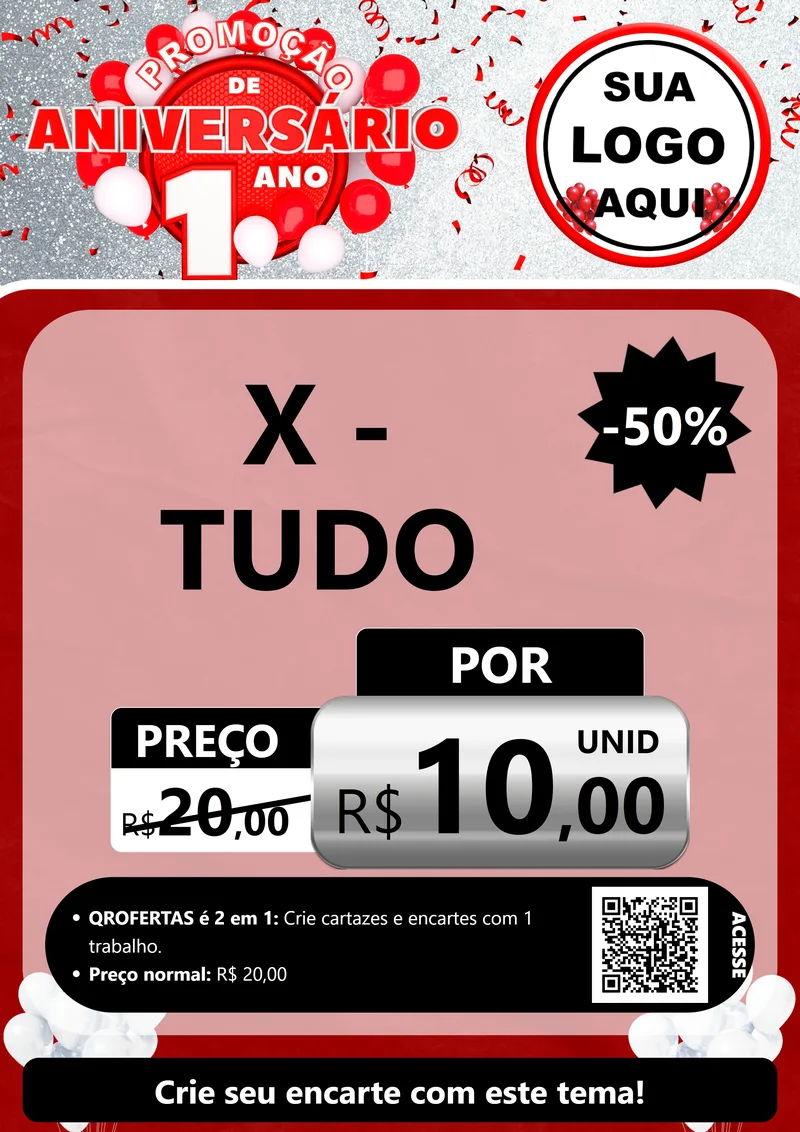 Modelo de Cartaz para Cartaz A4 Vertical com o tema Promoção de Aniversário - 1 Ano para Hamburgueria