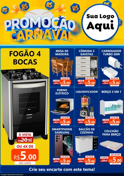Modelo de Encarte para Encarte A4 Vertical com o tema Promoção de Carnaval para Móveis e Eletro