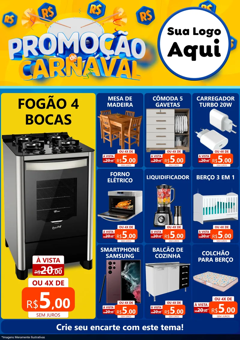 Modelo de Encarte para Encarte A4 Vertical com o tema Promoção de Carnaval para Móveis e Eletro