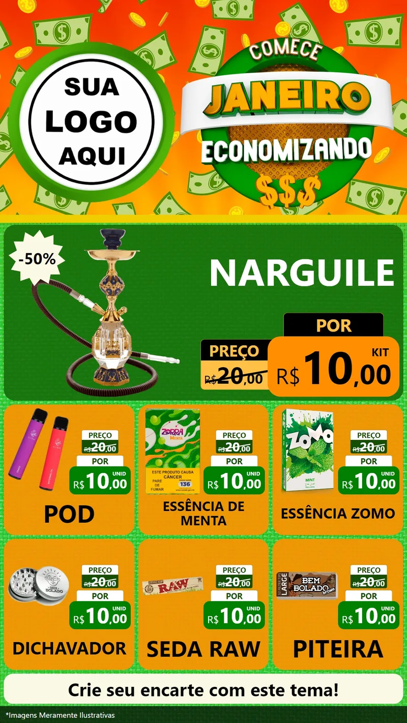 Modelo de Rede Social para Stories com o tema Comece Janeiro Economizando para Tabacaria