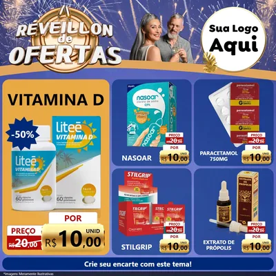 Modelo de Rede Social para Feed Facebook com o tema Réveillon de Ofertas para Farmácia