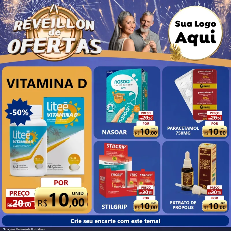 Modelo de Rede Social para Feed Facebook com o tema Réveillon de Ofertas para Farmácia