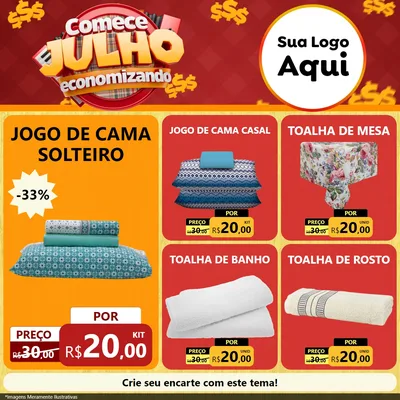 Modelo de Rede Social para Feed Facebook com o tema Comece Julho Economizando para Cama, Mesa e Banho