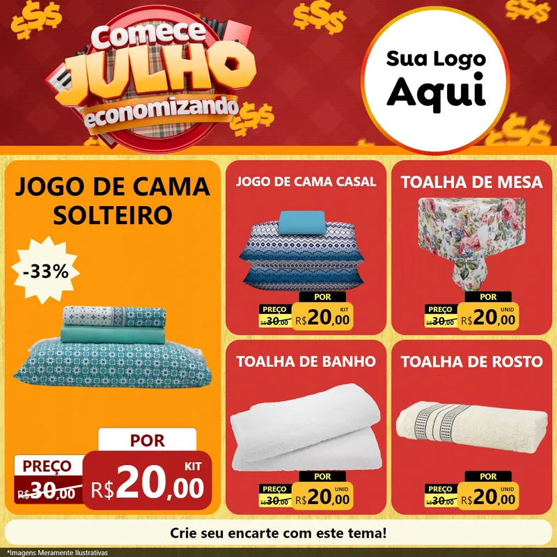 Modelo de Rede Social para Feed Facebook com o tema Comece Julho Economizando para Cama, Mesa e Banho