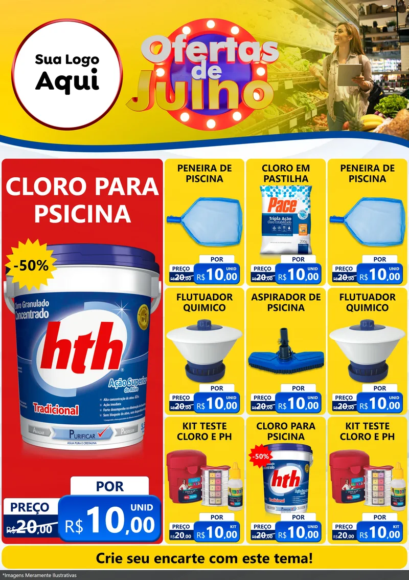 Modelo de Encarte para Encarte A4 Vertical com o tema Ofertas de Julho para Produtos para Piscina
