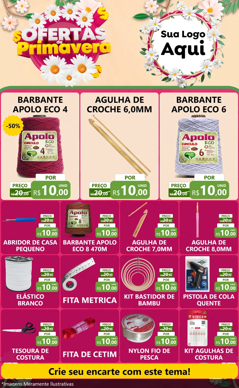 Modelo de Encarte para Encarte Grande com o tema Ofertas de Primavera para Armarinho e Aviamentos