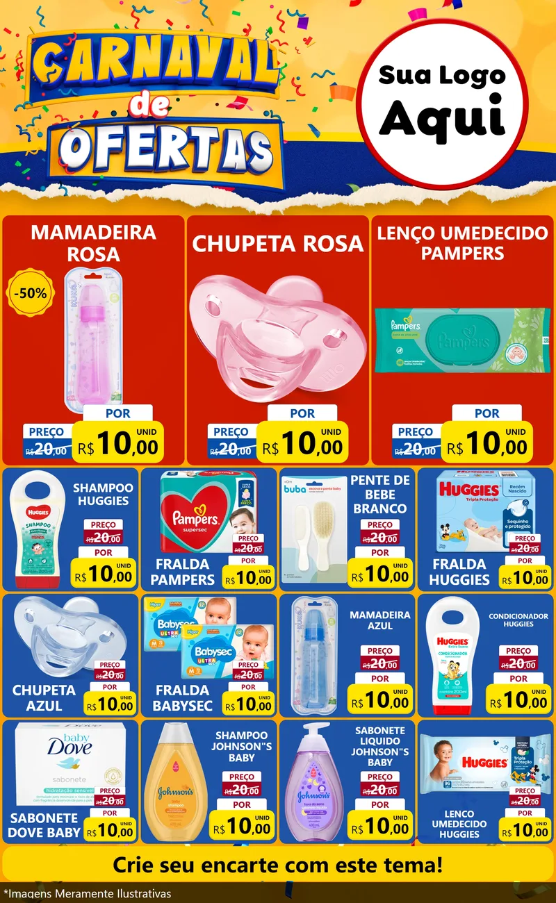 Modelo de Encarte para Encarte Grande com o tema Carnaval de Ofertas para Bebês