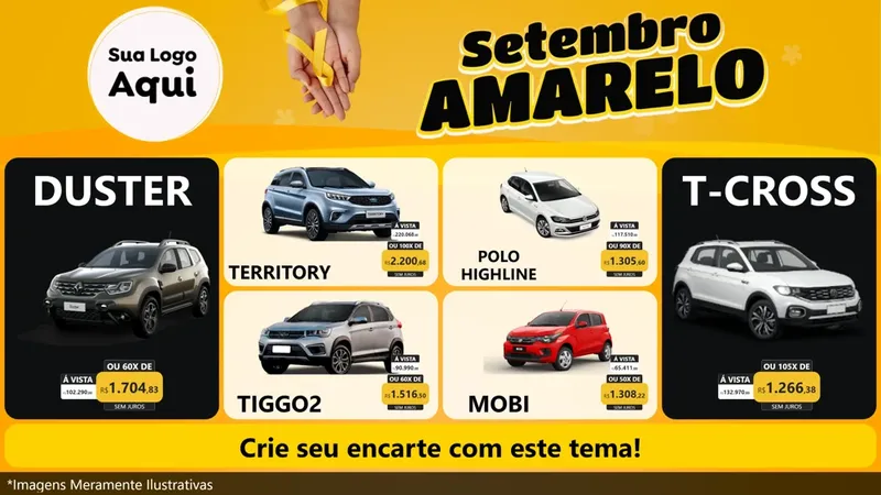 Modelo de TV para TV Horizontal com o tema Setembro Amarelo para Concessionaria de Carros