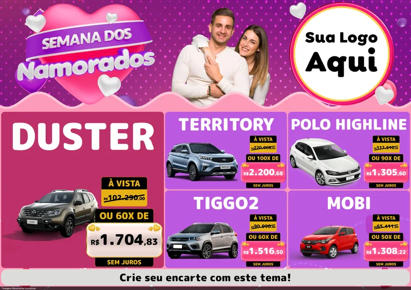 Modelo de Encarte para Encarte A4 Horizontal com o tema Semana dos Namorados para Concessionaria de Carros