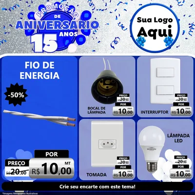 Modelo de Rede Social para Feed Facebook com o tema Promoção de Aniversário - 15 Anos para Materiais Elétricos