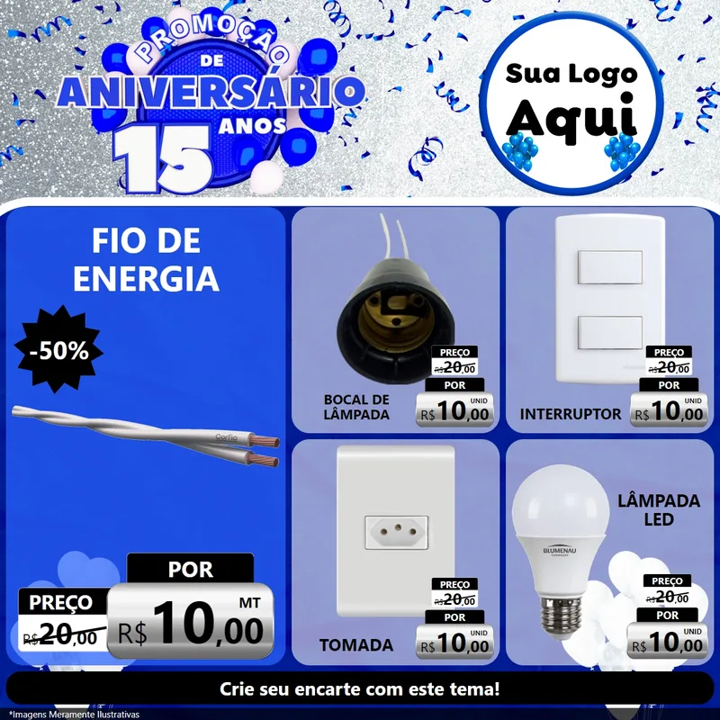Modelo de Rede Social para Feed Facebook com o tema Promoção de Aniversário - 15 Anos para Materiais Elétricos