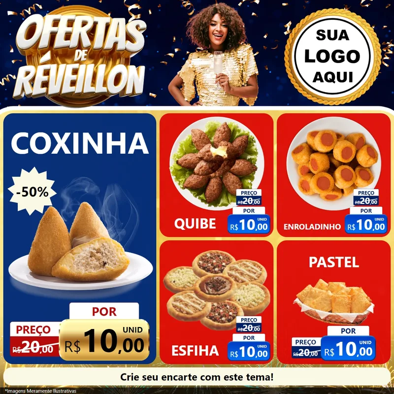 Modelo de Rede Social para Feed Facebook com o tema Ofertas de Réveillon para Salgadaria