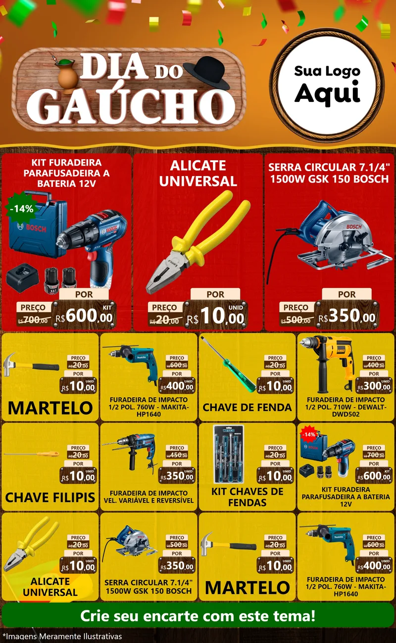 Modelo de Encarte para Encarte Grande com o tema Dia do Gaúcho para Maquinas e Ferramentas