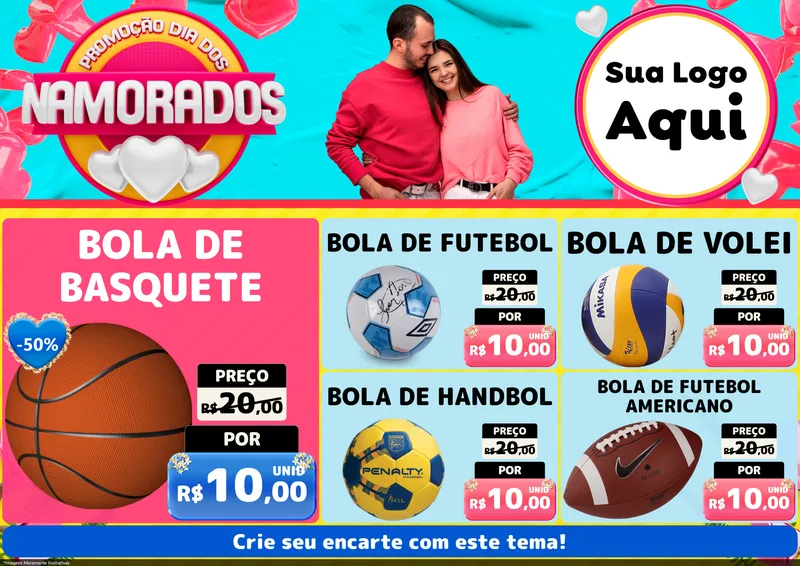 Modelo de Encarte para Encarte A4 Horizontal com o tema Promoção Dia dos Namorados para Artigos Esportivos