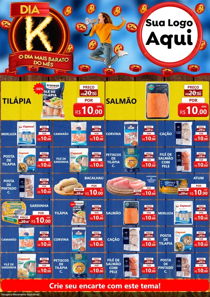 Modelo de Encarte para Encarte A4 Vertical com o tema Dia K - O Dia Mais Barato Do Mês para Peixaria