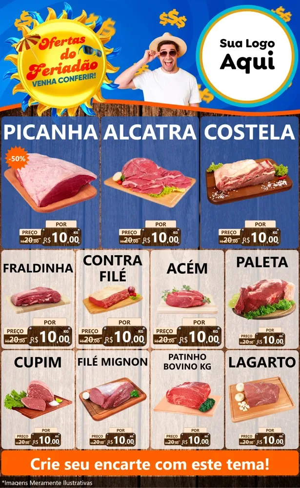 Modelo de Encarte para Encarte Grande com o tema Ofertas do Feriadão para Açougue