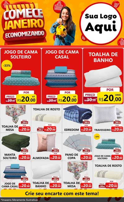 Modelo de Encarte para Encarte Grande com o tema Comece Janeiro Economizando para Cama, Mesa e Banho