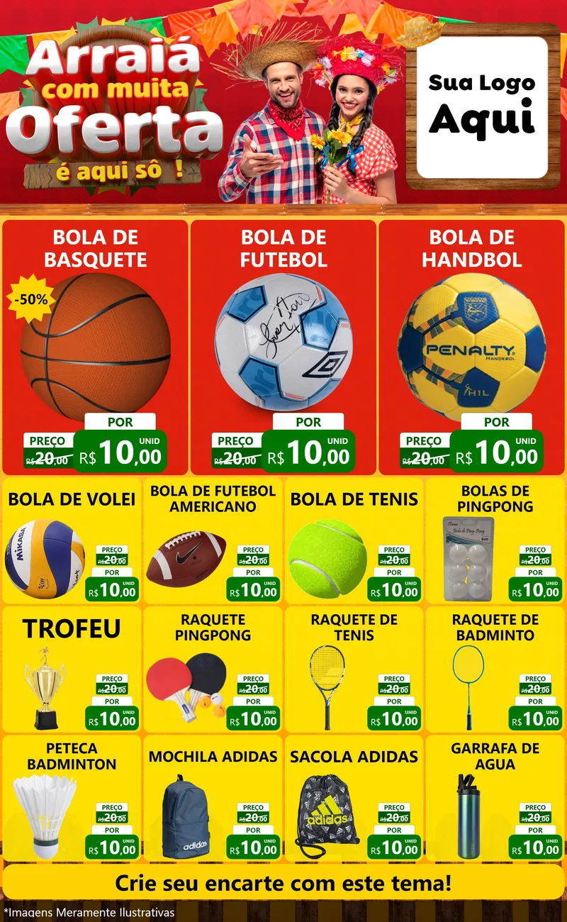 Modelo de Encarte para Encarte Grande com o tema Arraiá Com Muita Oferta - É Aqui Sô! para Artigos Esportivos