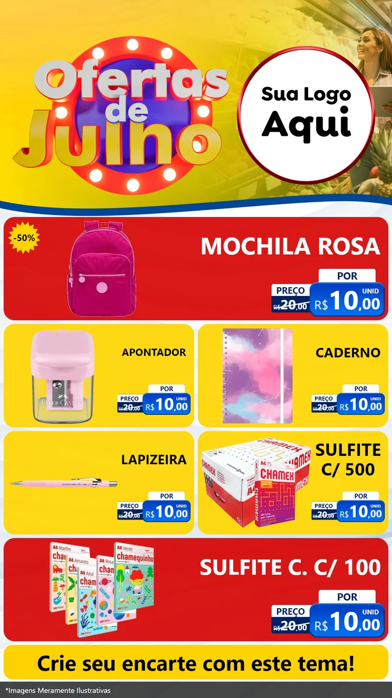 Modelo de TV para TV Vertical com o tema Ofertas de Julho para Papelaria